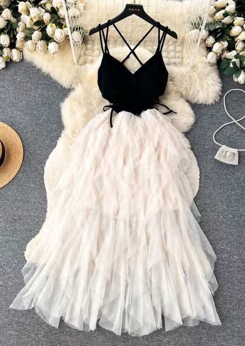 Black & White Color Block Mesh Ruffle Tube Evening Dress – Elegant Fairy Party Maxi Dress for Women