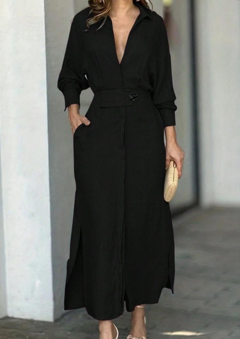 Women’s Black Long Sleeve Maxi Shirt Dress with Waist Tie and Pockets – Casual Elegant Dress