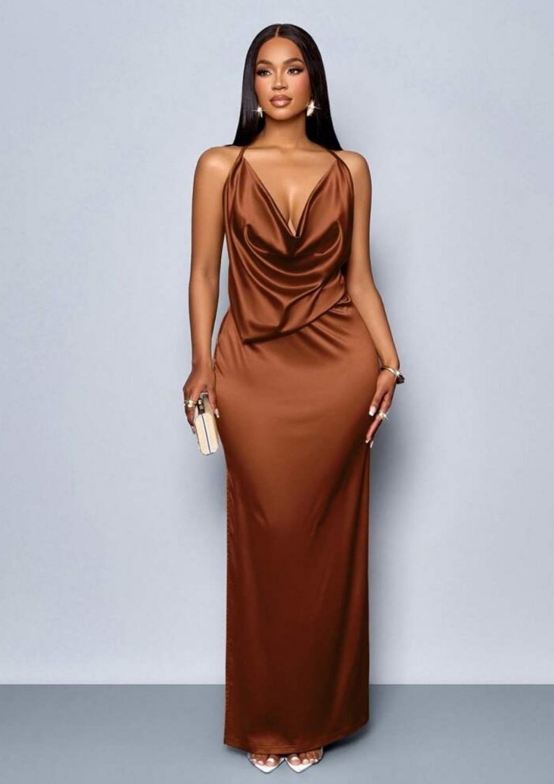 Elegant Satin Cowl Neck Maxi Dress with Draped Back
