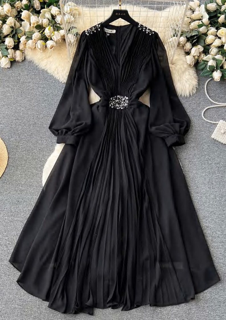Elegant Black Pleated Chiffon Maxi Dress – Evening Gown with Sparkling Crystal Belt for Parties & Formal Events