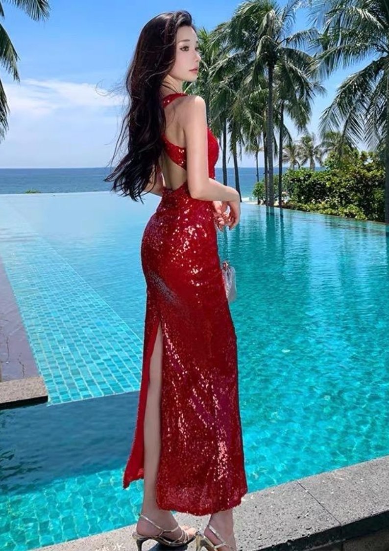 Sexy Deep V-Neck Red Sequin Evening Gown – Fishtail Maxi Dress for Party & Stage