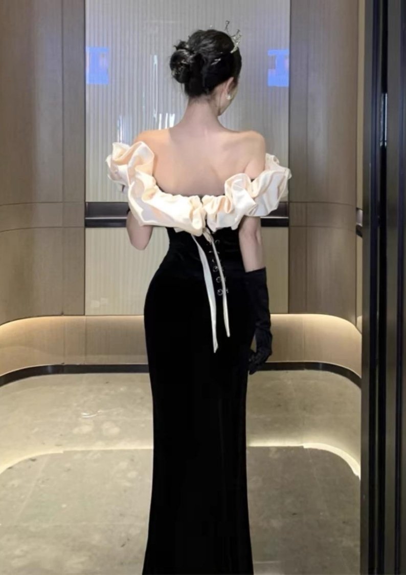 Ezgaga Off-Shoulder Velvet Mermaid Dress – Backless Sleeveless Party Gown for Women