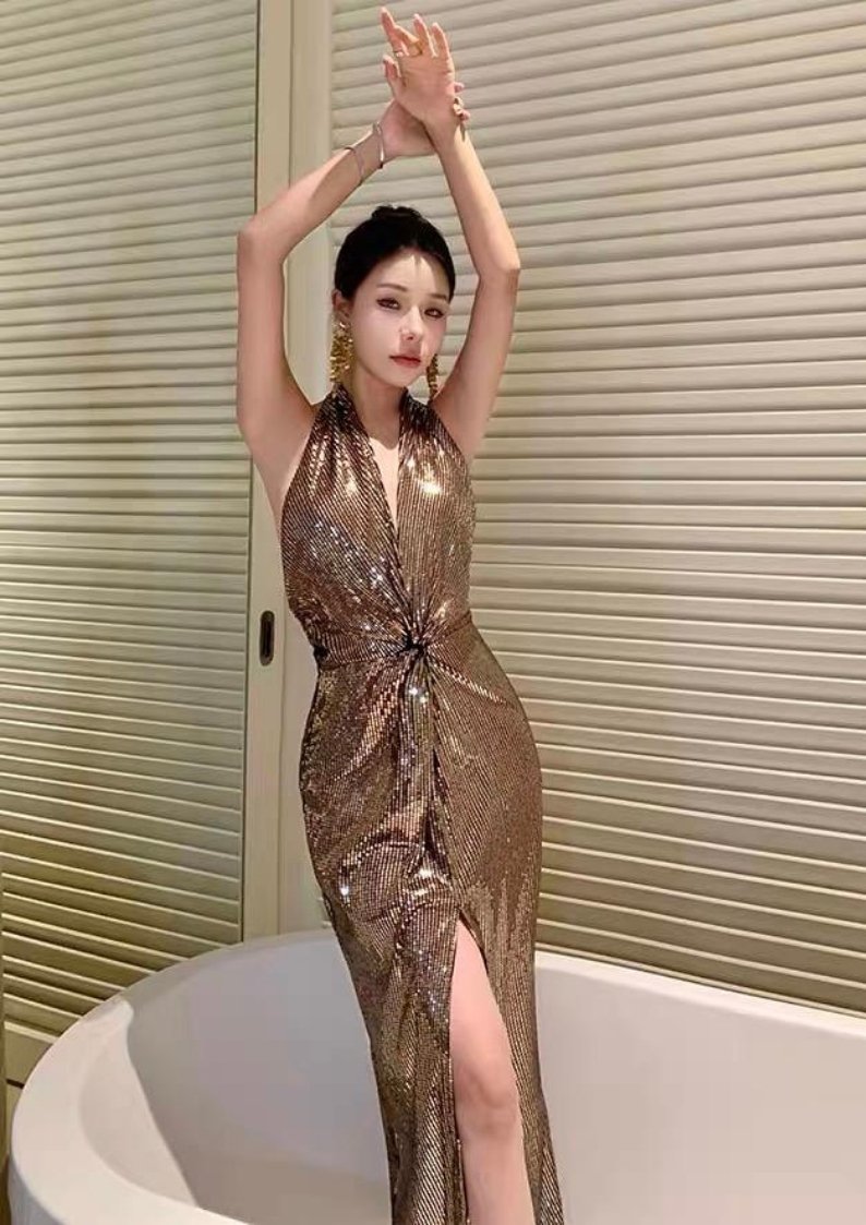 Halter Metallic Sequin Maxi Dress – Twist Front Slit Sheath Gown for Women