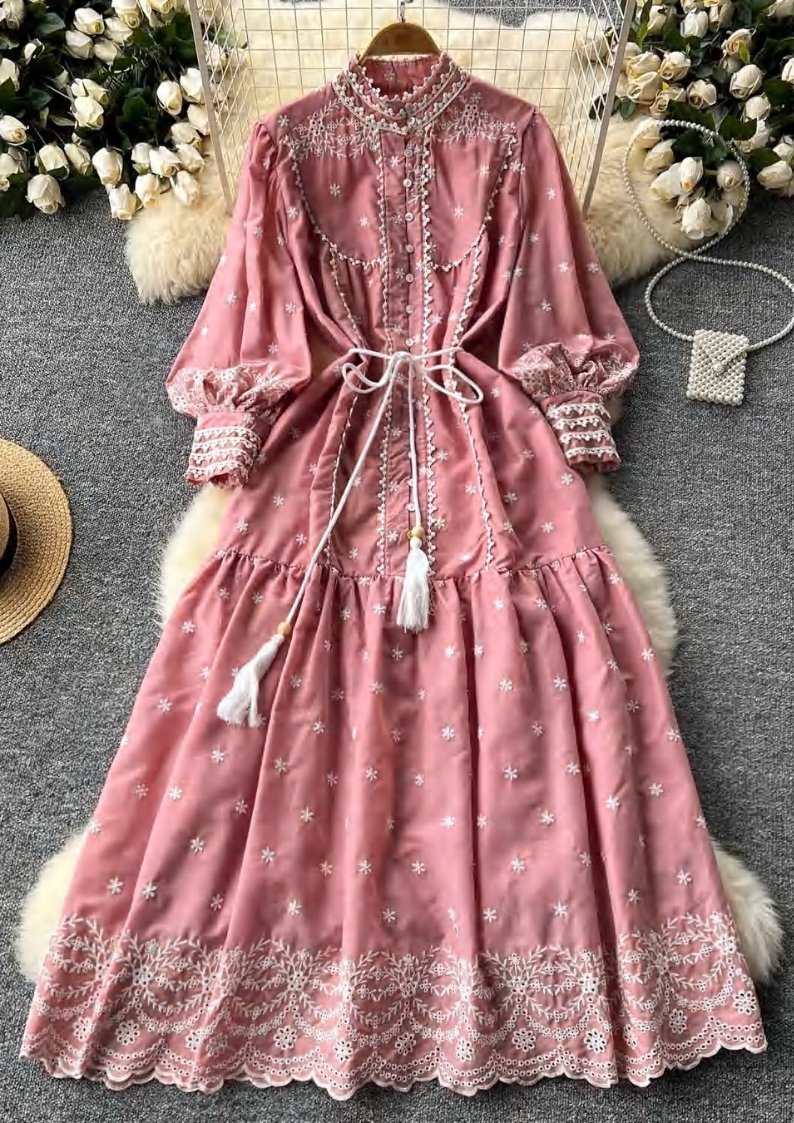 Vintage Embroidered Lace Midi Dress – Stand Collar Lantern Sleeve Tunic for Women